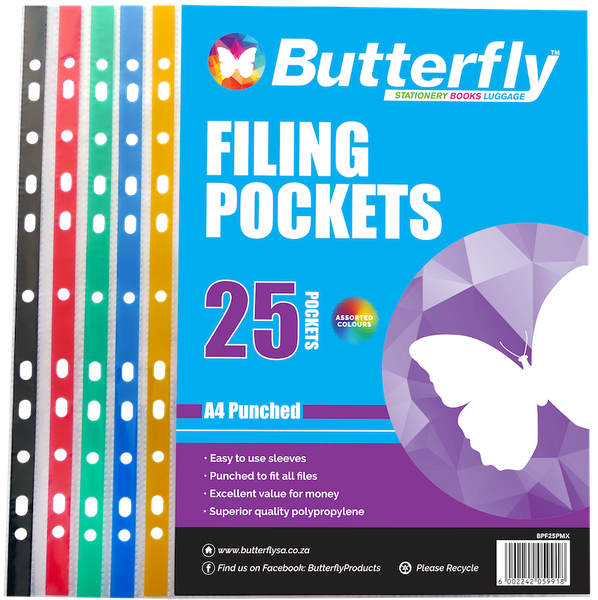 Butterfly Filing Pockets A4 Mixed Colours 25's