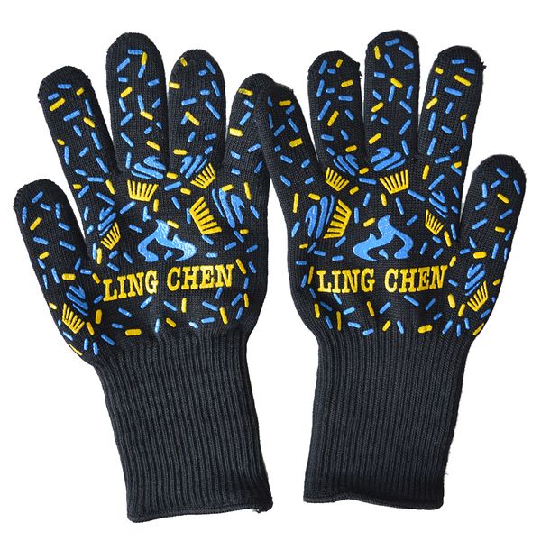 One Pair Heat Resistant BBQ Grill Cooking Gloves - Black Flames