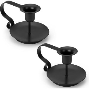 QYNIAL Vintage Black Metal Taper Candle Holder with Handle, Set of 2