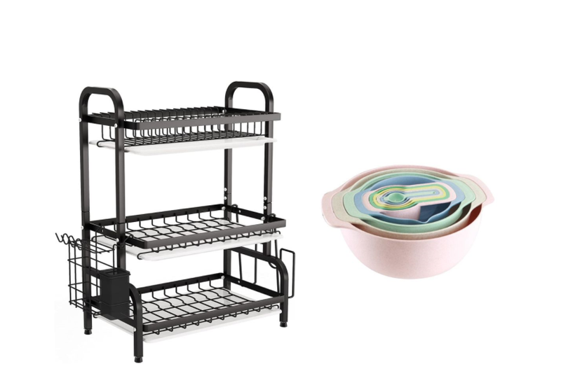 3 Level Multifunctional Dish Drying Rack With Rainbow Stackable Mixing Bowl