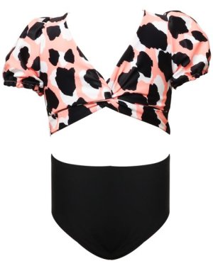 Olive Tree-Girls Bubble Sleeve Criss Cross Bikini Swimsuit-Pink