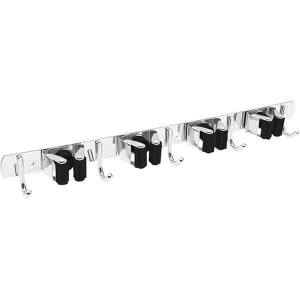Mop and Broom Holder Wall Mounted with 4 Clips with 5 Hooks, 49x2.8x4CM