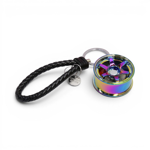 Anodized Alloy Wheel Keyring with Leather Strap