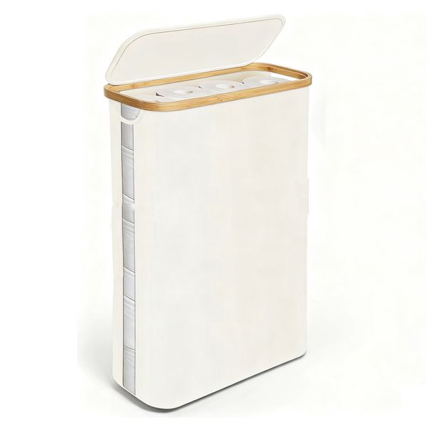Slim Laundry Hamper with Lid,Narrow Clothes Basket Bin with Bamboo Handles