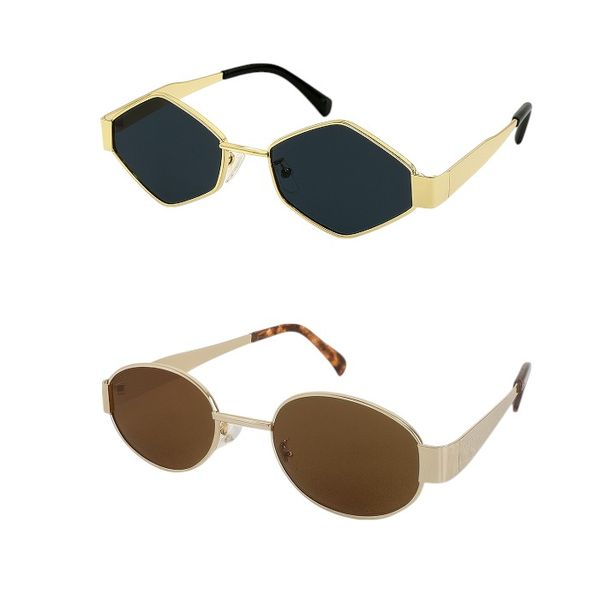 2 Pack - Geometric &amp; Oval Metal Frame Sunglasses - Multicolor