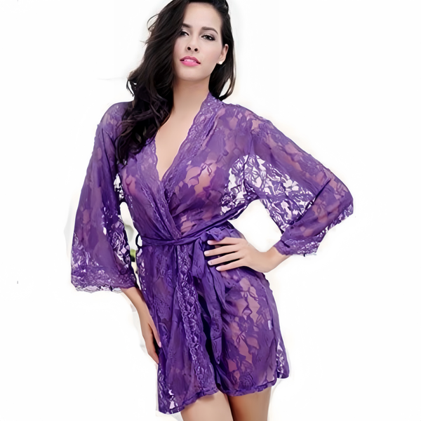 Purple Transparent Lace Women Robe Belt Long Sleeves And T-panty