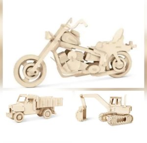 3 Sets of 3D Wooden Puzzle Build your Own Truck, Digget Motorcycle