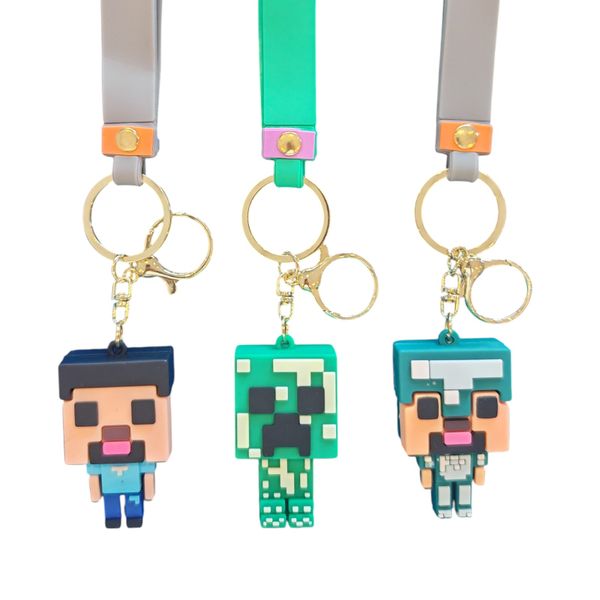 3-in-1 Minecraft-Inspired Character Keychain Set - Steve, Creeper &amp; Diamond