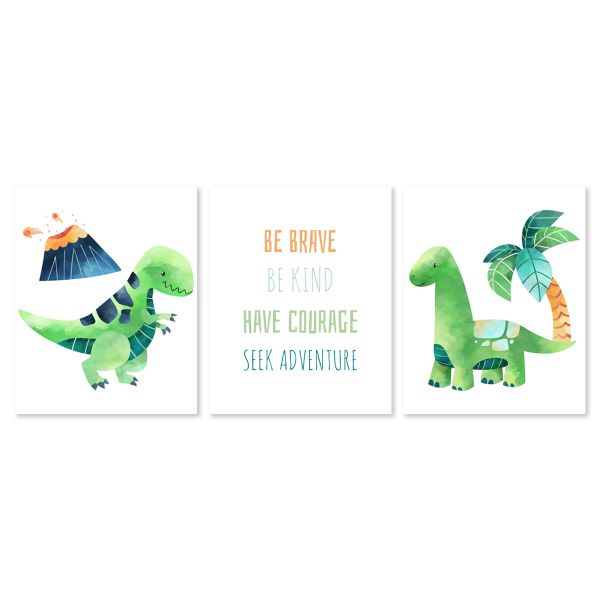 Nursery Wall Art - Dinosaur Be Brave - Set of 3x A2