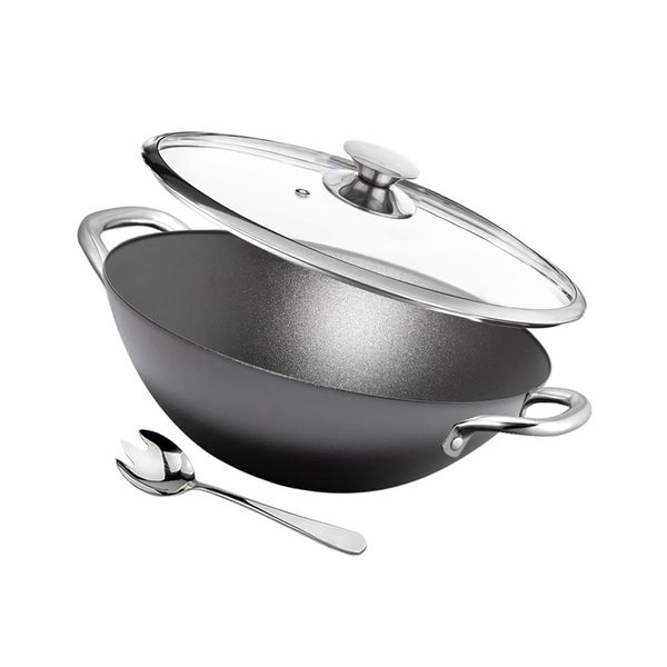 2Piece Combo Set - Lightweight Cast-Iron Nonstick Woks with Glass Lid -28cm