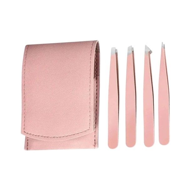 4-Piece - Stainless Steel Precision Tweezer Set - Pink