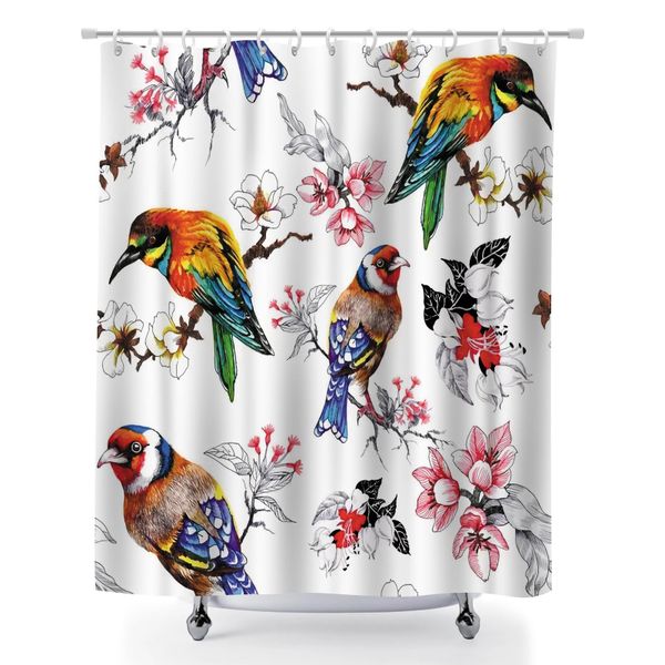 Tropical Birds and Flowers Shower Curtain with Rustproof Grommet, 180x180cm
