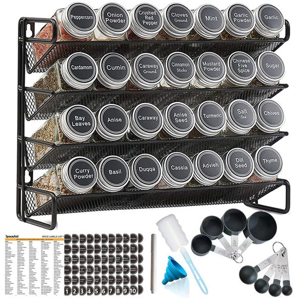 4 Tier Spice Rack Organiser With 28 Jars 8 Measuring Spoons Stickers Marker