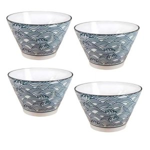 Set of 4 Japanese Blue Seigaiha Wave Ceramic Bowls Cereal Bowl Soup Bowl