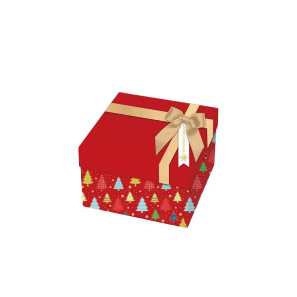 Set of 3 Red Christmas Gift Box with Gold Ribbon and Festive Tree Design
