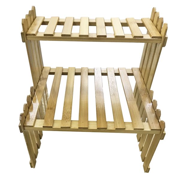 Garden Home Decor Double Layer Bamboo Pot Plant Display Stand 27x21cm