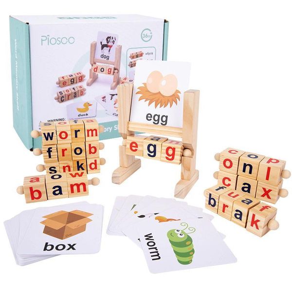 Children's Wooden Spelling Puzzle Stand with 3D Alphabet Spelling Cards Toy
