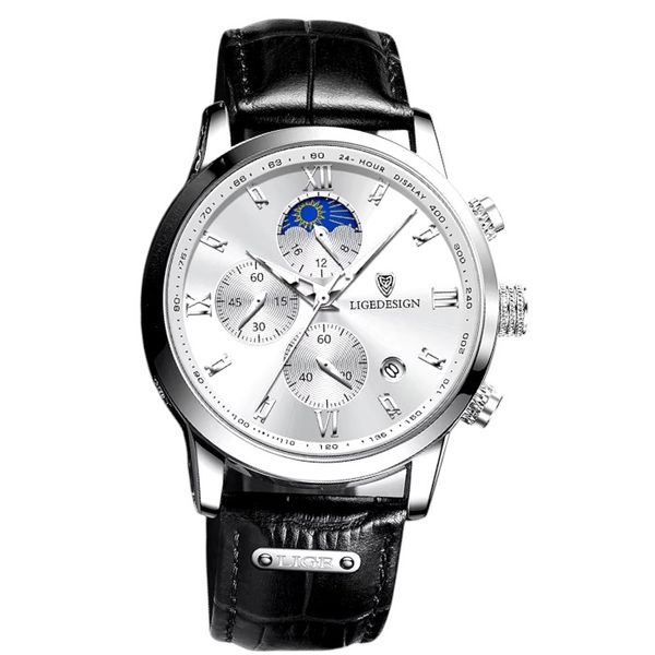 LIGE - Water Resistant Mens Watch With PU Leather Strap - Silver &amp; Black