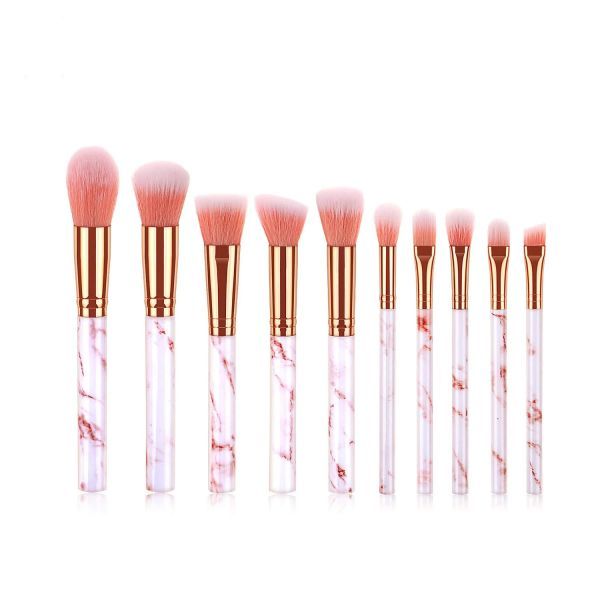 Optic 10 Pieces Marble Makeup Brushes Set - Pink