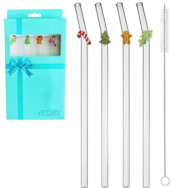 PEISKOS 4 Piece Christmas Reusable Glass Straws with Brush for Xmas Gift Party
