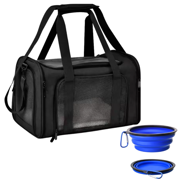 Pet Ventilated Collapsible Mesh Travel Carrier with Pet Bowl Fleece Pet Bed
