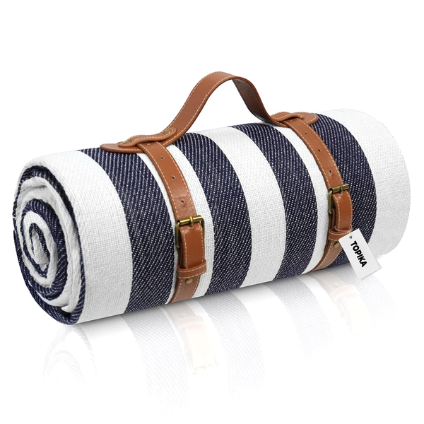 Topika-Extra Large Waterproof Picnic Blanket with Carry Strap, Blue &amp; White
