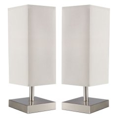 Bright Star Lighting- Twin Set of Satin Chrome Table Lamps With Beige Shade