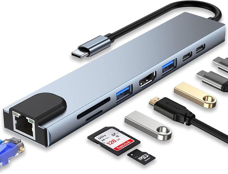 8 In 1 USB-C Adapter With 4K HDMI USB 3.0 RJ45 SD/TF Docking Station Hub