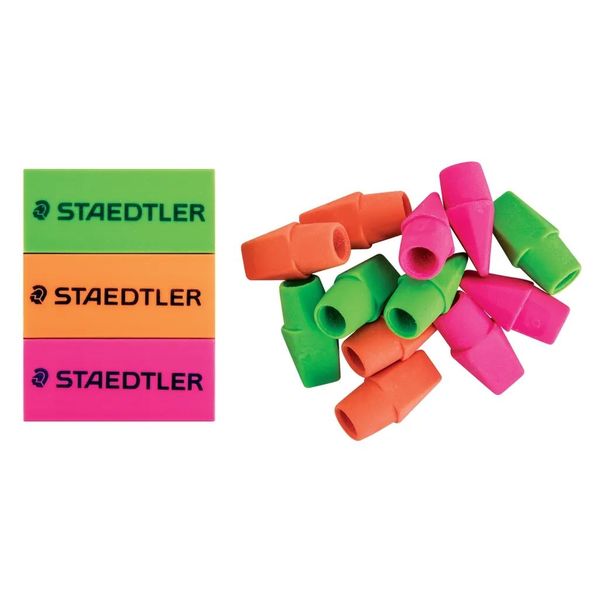 Staedtler Neon PVC Eraser Pack of 3 and 12 Eraser Caps
