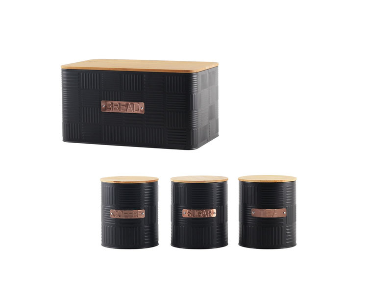Bread Bin Steel Design with Bamboo Lid with 3 Piece Canister Set - Charcoal