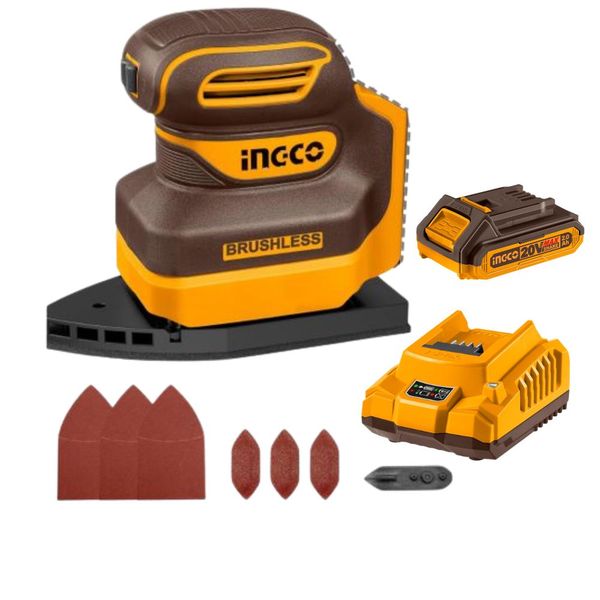 Ingco - Cordless Brushless Palm Sander with 2.0Ah Battery &amp; Charger