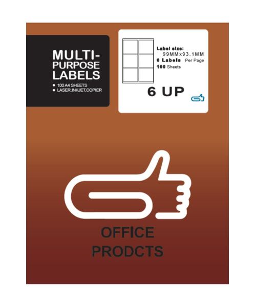6 UP labels self adhesive A4 Size - 100 sheets -The Clip
