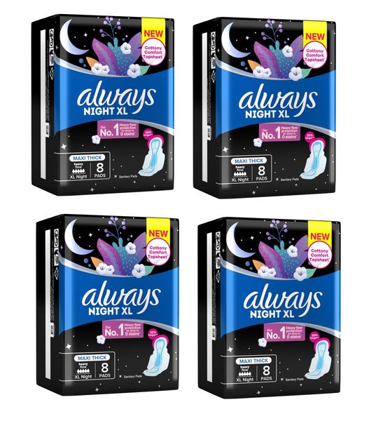 Always Night XL Maxi Thick Sanitary Pads 8's - Pack of 4
