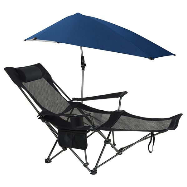 Folding Camping Lounger Chair with Sunshade Storage Bag Cup Holder