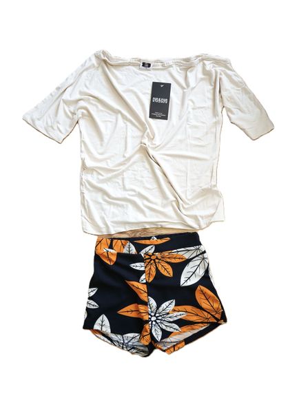 Cyd&amp;Clyd Women's Off-Shoulder Top with Navy Blue, Leaf Print Shorts Set