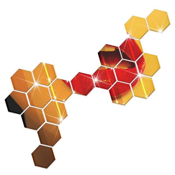 3D Hexagonal Mirror Wall Decorative Waterproof Stickers Set - 10x10cm Gold