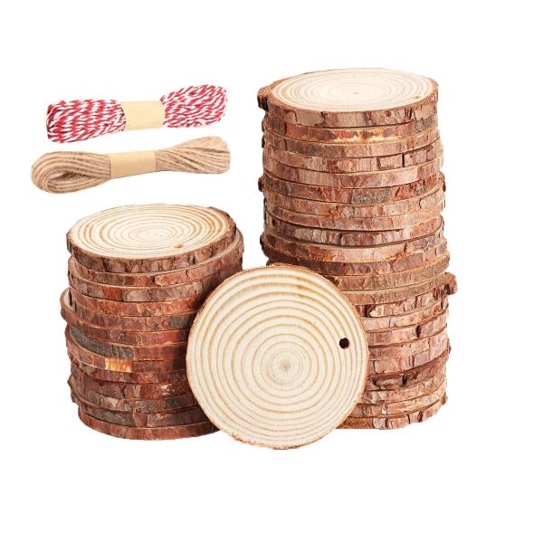50Piece Wood Slices Unfinished Wood Rounds with Pre-drilled Hole and Twine