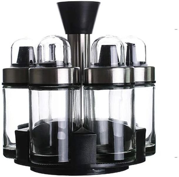 Glass Condiment Set Of 6Bottle Oil Salt Pepper Storage 360Rotating Holder