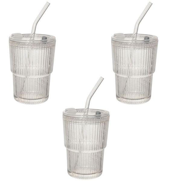 3 Pack - Ribbed Glass Tumbler Cup With Straw &amp; Lid - Transparent