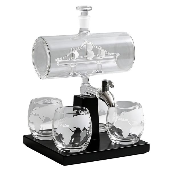 Sailboat-Shaped Glass Decanter Set With Tap, Base And 4 Whisky Glasses