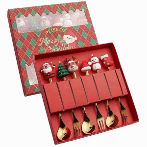 PEISKOS 6pcs Christmas Gift Golden Utensil Set with Cute Xmas Decoration
