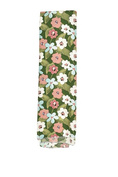 Light Green Rectangular Cotton Scarf with Pastel Floral Design