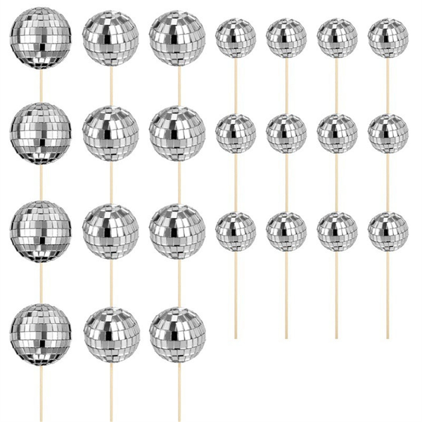 24Pcs Disco Ball Cupcake Toppers Happy Birthday Cake Topper Ball