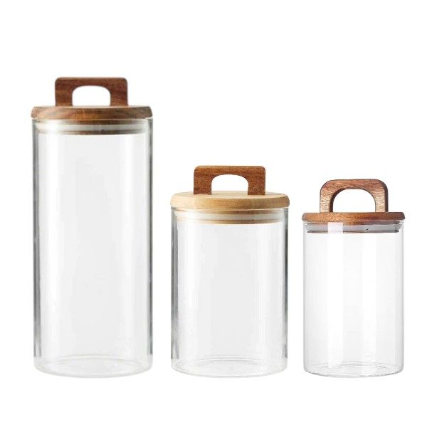 American Style Glass Sealed Jar Set with Wooden Lid - Transparent - 3-Piece