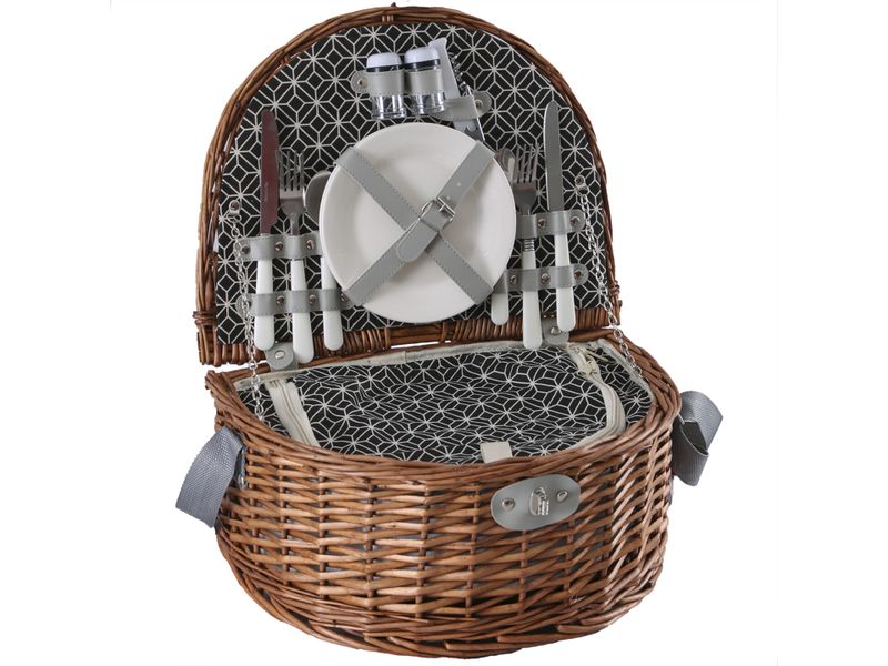 Natural Wicker Half Moon 2 person Picnic Basket, foil lining &amp; utensils,