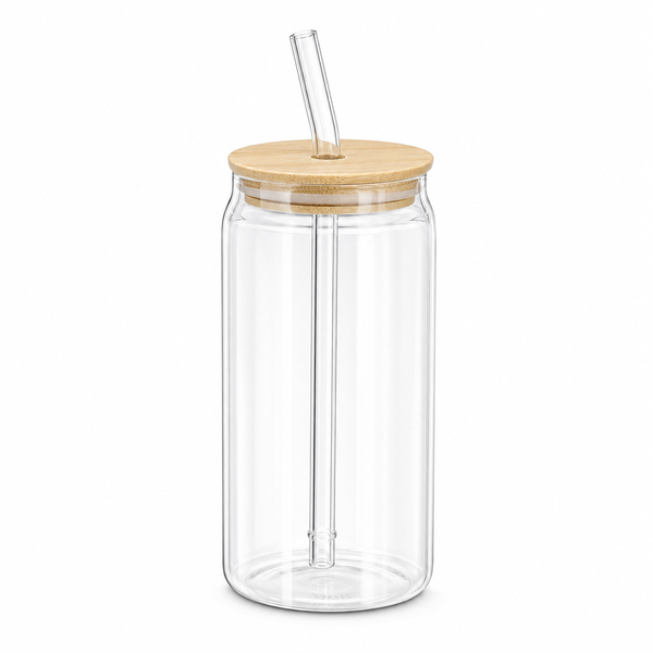 Clear Can-Shaped Glass Tumbler with Bamboo Lid and Glass Straw