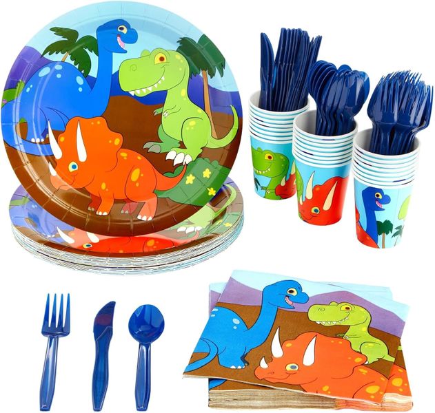 Topika - 144-Piece Dinosaur Paper Party Plates Set for Kids, Serves 24