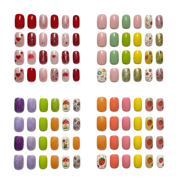 4-Pack (24Pcs) Kids Press-on Nails Mixed Designs Girls Set