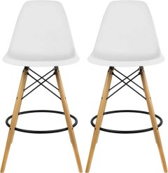 Plastic Modern Counter Stools with Backrest and Armless Natural Legs Wood