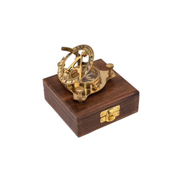 Antique Brass West London Sundial Compass in Wooden Box Vintage Decor